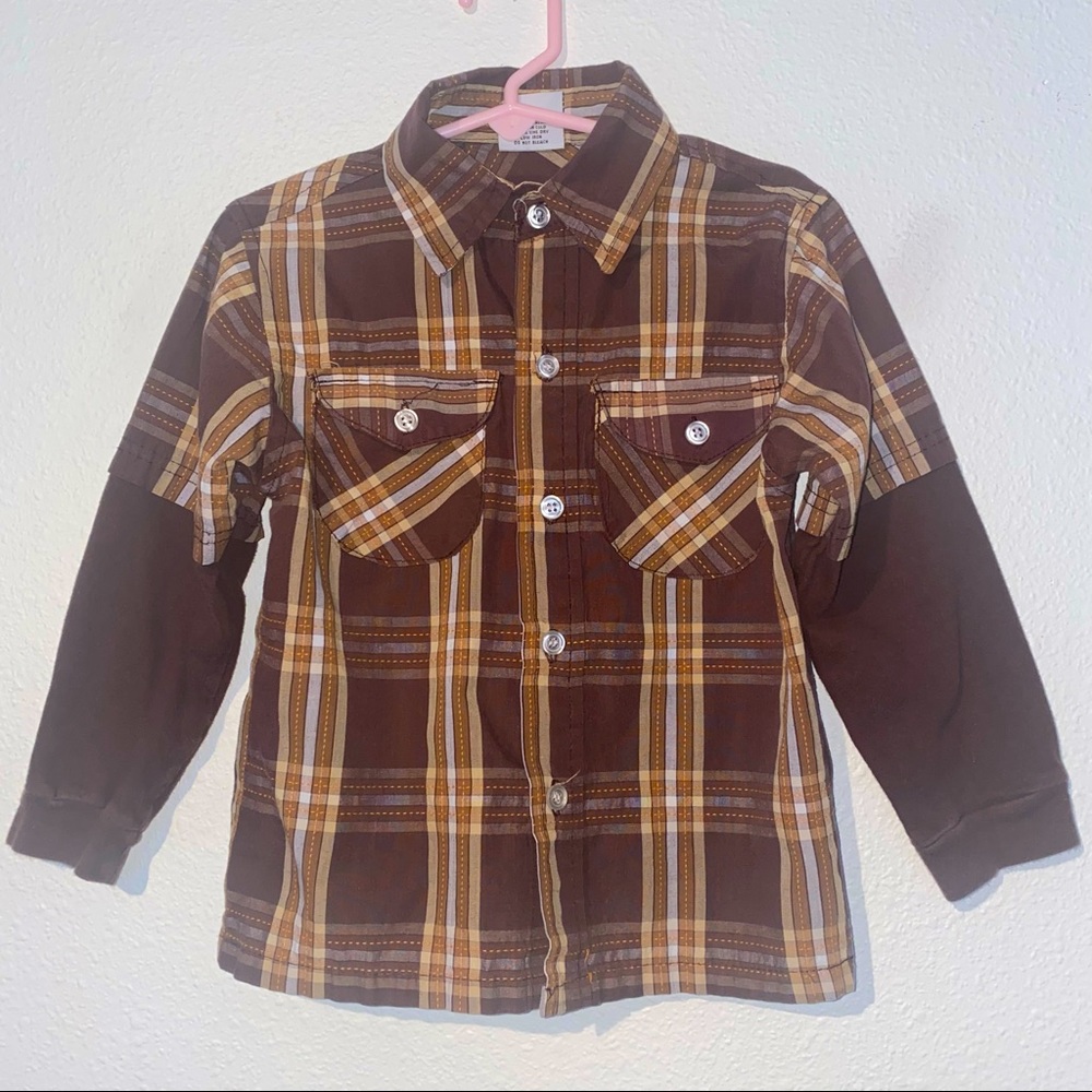 3/$12 Street Style Brown Plaid Button Up Long Sleeve Sweater Size 4 Little Boys